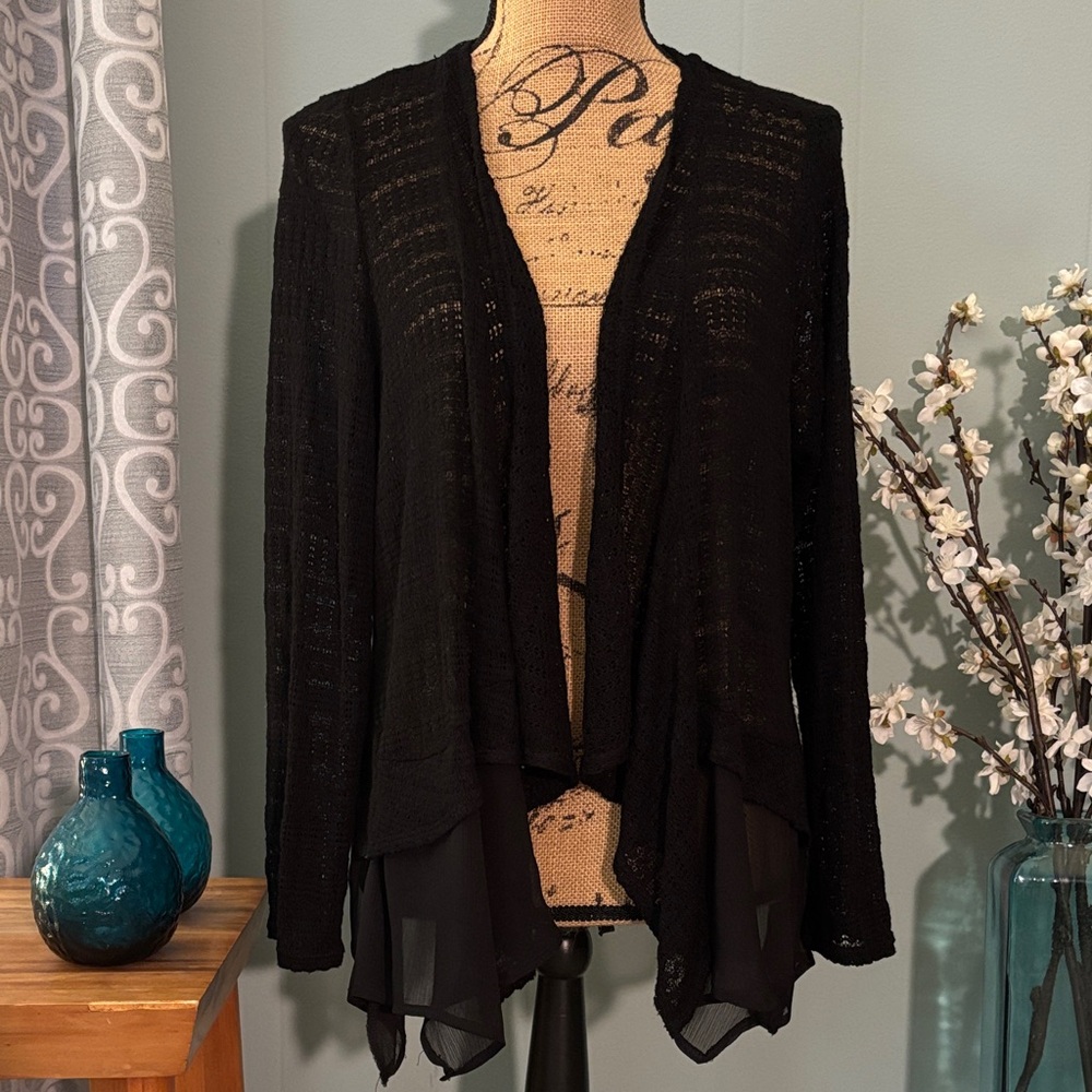 Alfani Crotched Open Stitch Knit Waterfall Mixed Media Open Cardigan